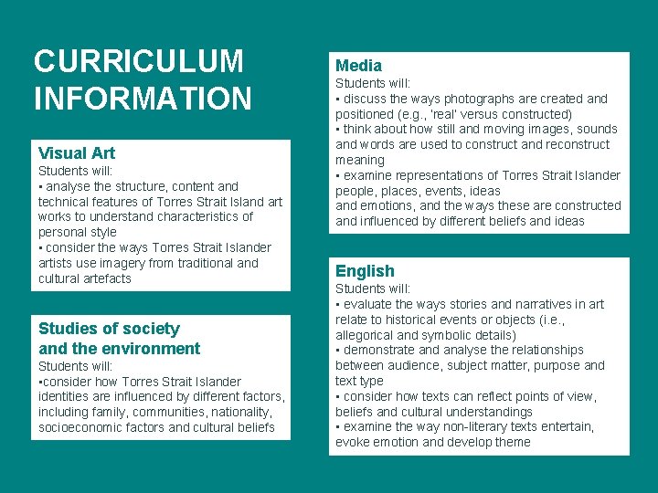 CURRICULUM INFORMATION Visual Art Students will: • analyse the structure, content and technical features CURRICULUM INFORMATION Visual Art Students will: • analyse the structure, content and technical features