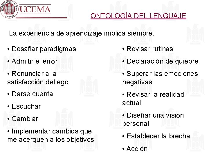 ONTOLOGÍA DEL LENGUAJE La experiencia de aprendizaje implica siempre: • Desafiar paradigmas • Revisar