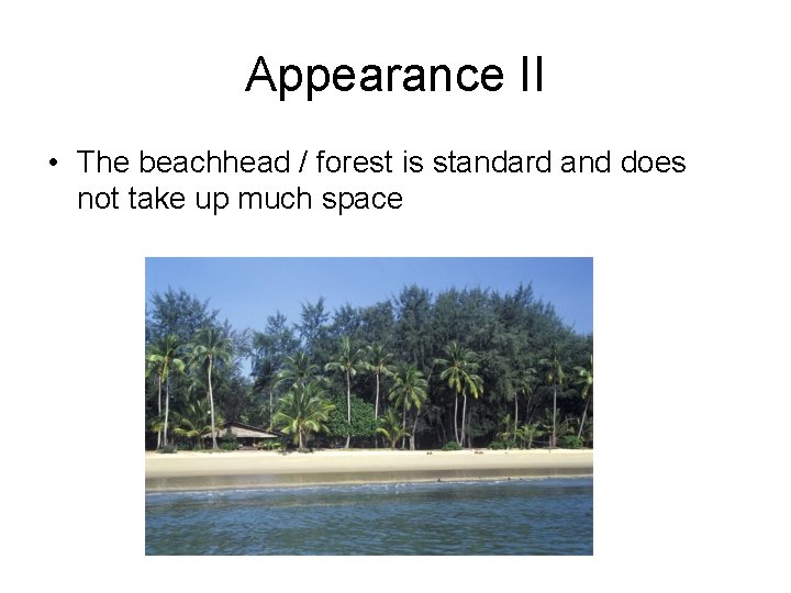 Appearance II • The beachhead / forest is standard and does not take up