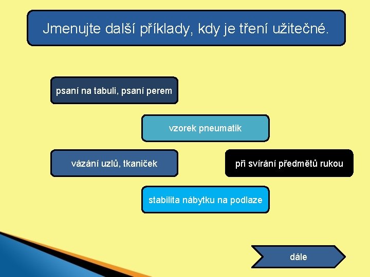 Jmenujte další příklady, kdy je tření užitečné. psaní na tabuli, psaní perem vzorek pneumatik