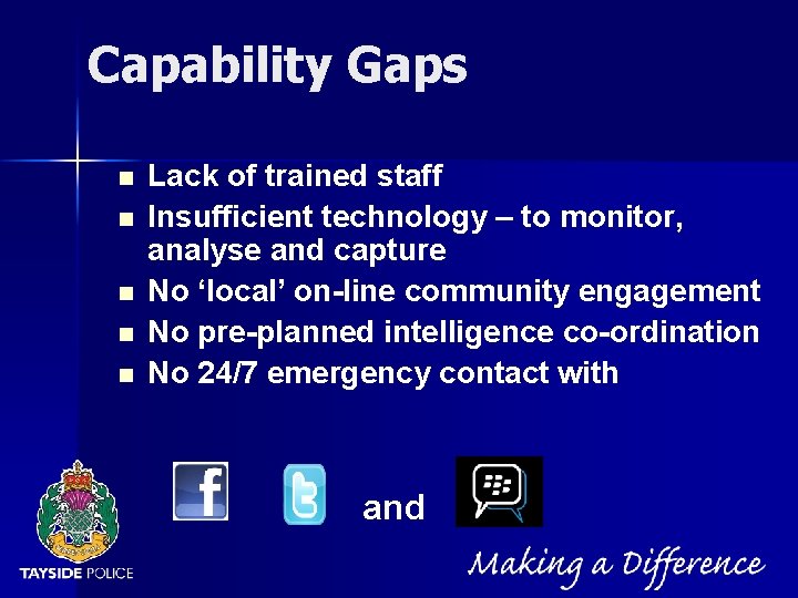 NOT PROTECTIVELY MARKED Capability Gaps n n n Lack of trained staff Insufficient technology