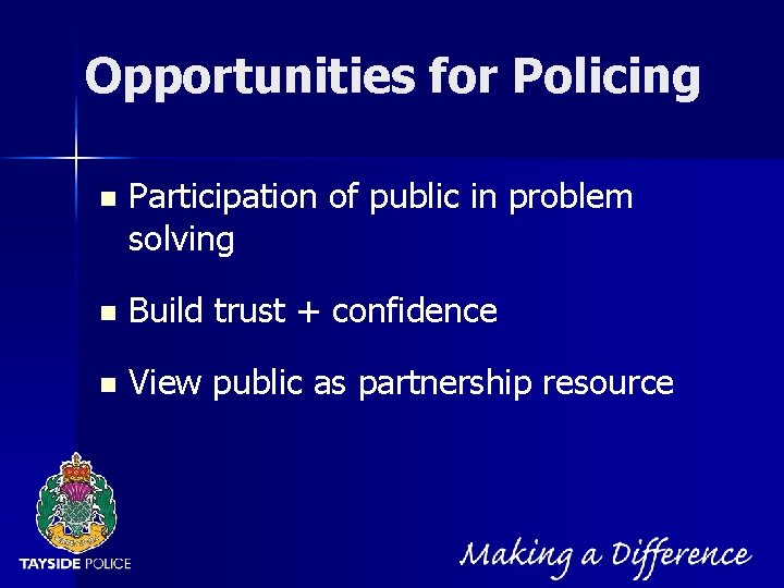 NOT PROTECTIVELY MARKED Opportunities for Policing n Participation of public in problem solving n