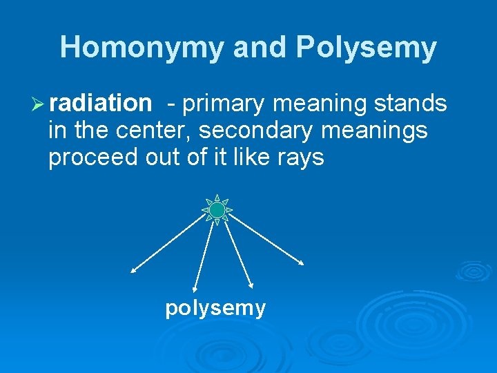 Homonymy and Polysemy Ø radiation - primary meaning stands in the center, secondary meanings