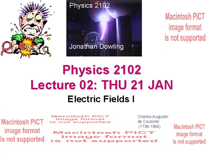 Physics 2102 Jonathan Dowling Physics 2102 Lecture 02: THU 21 JAN Electric Fields I