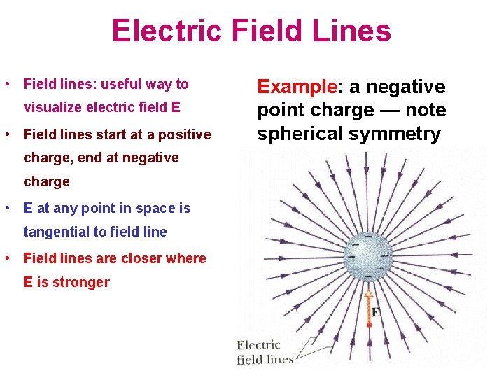 Electric Field Lines • Field lines: useful way to visualize electric field E •