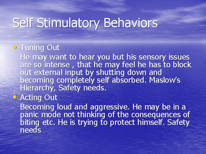 Self Stimulatory Behaviors • Tuning Out • He may want to hear you but