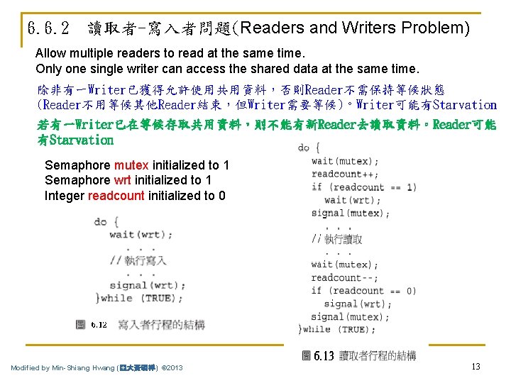 6. 6. 2 讀取者-寫入者問題(Readers and Writers Problem) Allow multiple readers to read at the