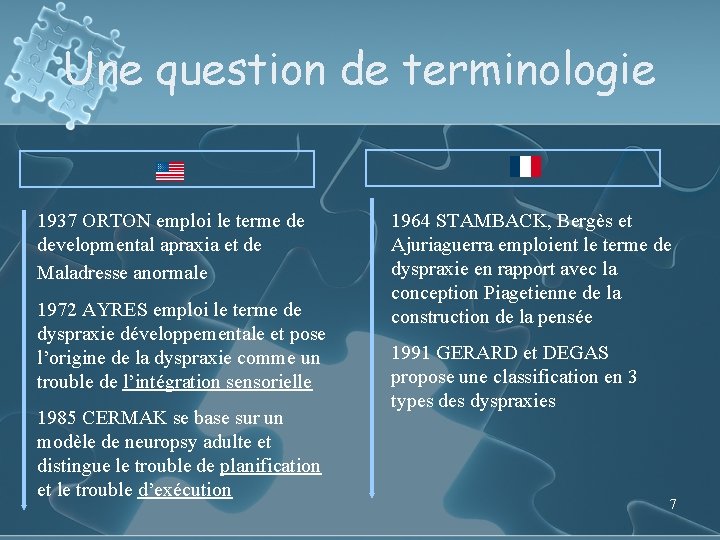 Une question de terminologie 1937 ORTON emploi le terme de developmental apraxia et de