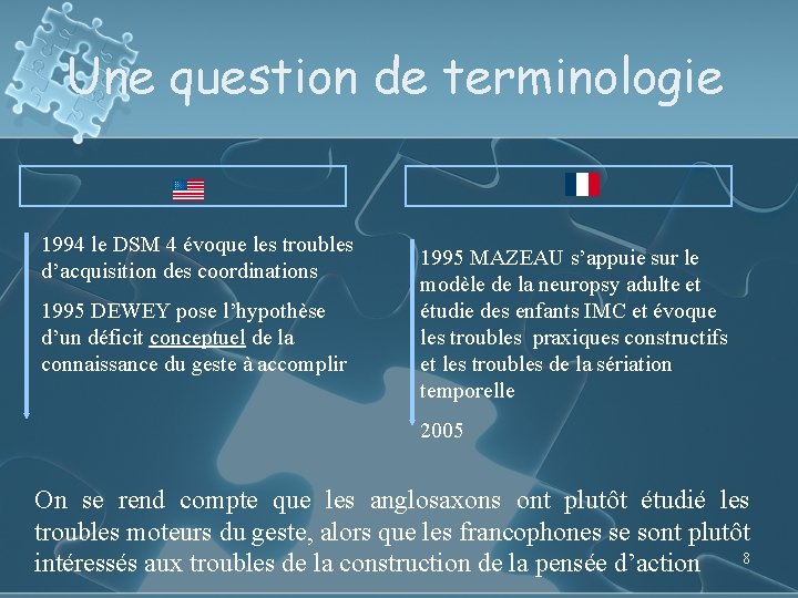 Une question de terminologie 1994 le DSM 4 évoque les troubles d’acquisition des coordinations