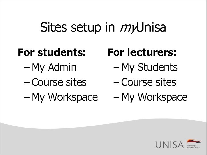 Sites setup in my. Unisa For students: For lecturers: – My Admin – My Sites setup in my. Unisa For students: For lecturers: – My Admin – My