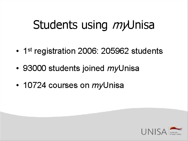 Students using my. Unisa • 1 st registration 2006: 205962 students • 93000 students Students using my. Unisa • 1 st registration 2006: 205962 students • 93000 students
