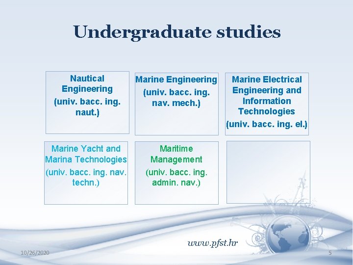 Undergraduate studies Nautical Engineering (univ. bacc. ing. naut. ) Marine Engineering (univ. bacc. ing.