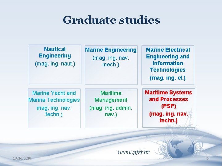 Graduate studies Nautical Engineering (mag. ing. naut. ) Marine Engineering (mag. ing. nav. mech.