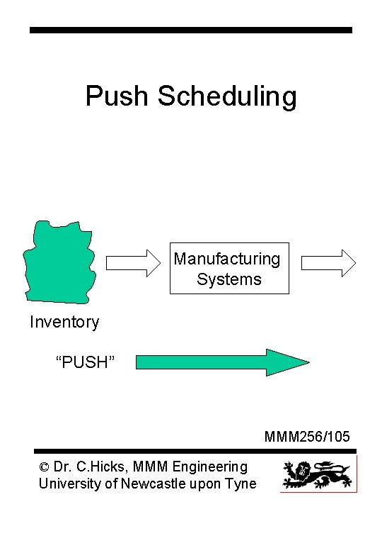 Push Scheduling Manufacturing Systems Inventory “PUSH” MMM 256/105 © Dr. C. Hicks, MMM Engineering