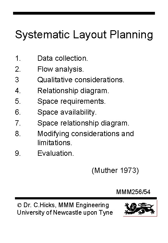 Systematic Layout Planning 1. 2. 3 4. 5. 6. 7. 8. 9. Data collection.