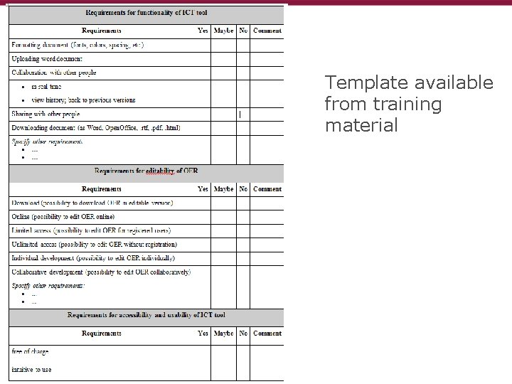 Template available from training material 