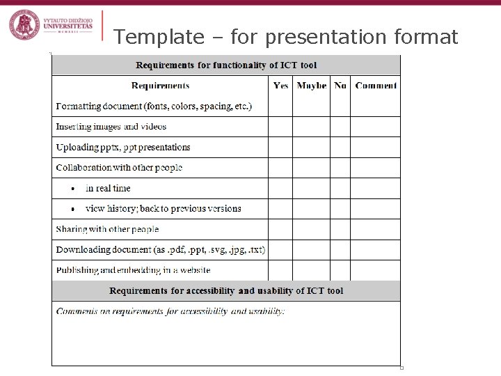 Template – for presentation format 