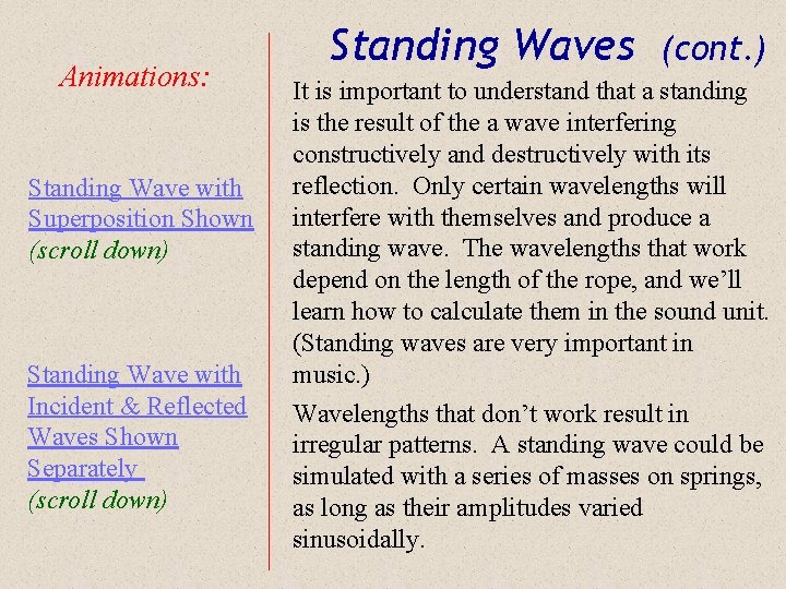 Animations: Standing Wave with Superposition Shown (scroll down) Standing Wave with Incident & Reflected