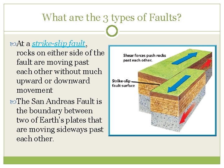 What are the 3 types of Faults? At a strike-slip fault, rocks on either