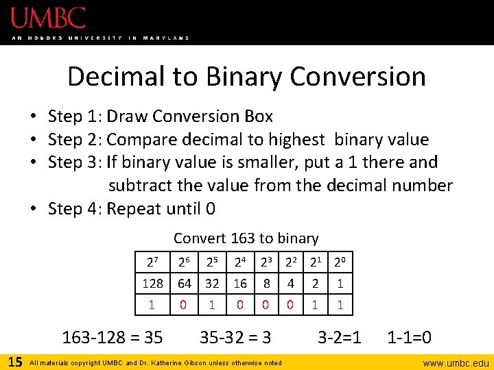 Decimal to Binary Conversion • Step 1: Draw Conversion Box • Step 2: Compare