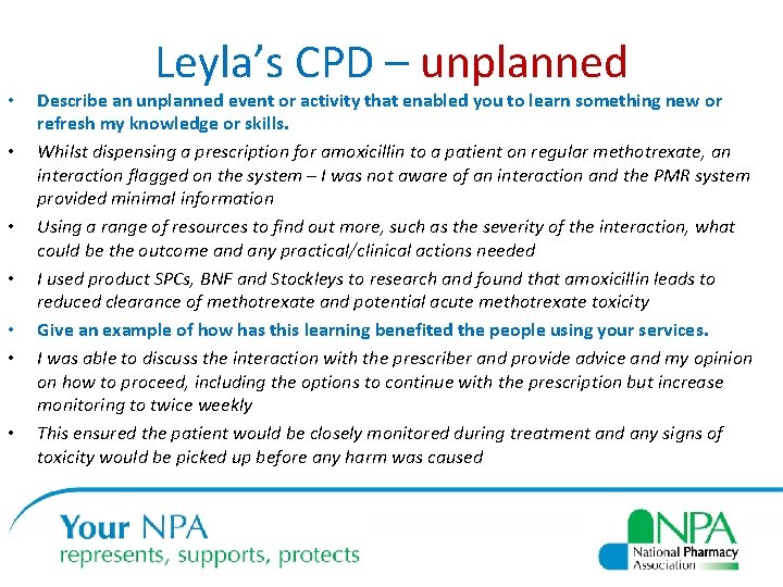  • • Leyla’s CPD – unplanned Describe an unplanned event or activity that