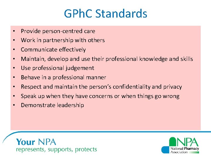 GPh. C Standards • • • Provide person-centred care Work in partnership with others