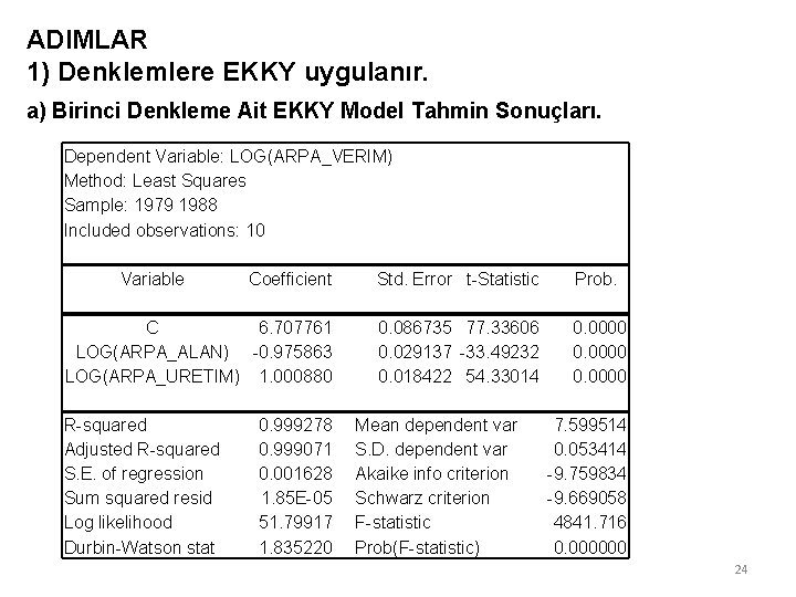 ADIMLAR 1) Denklemlere EKKY uygulanır. a) Birinci Denkleme Ait EKKY Model Tahmin Sonuçları. Dependent