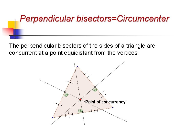 Perpendicular bisectors=Circumcenter The perpendicular bisectors of the sides of a triangle are concurrent at