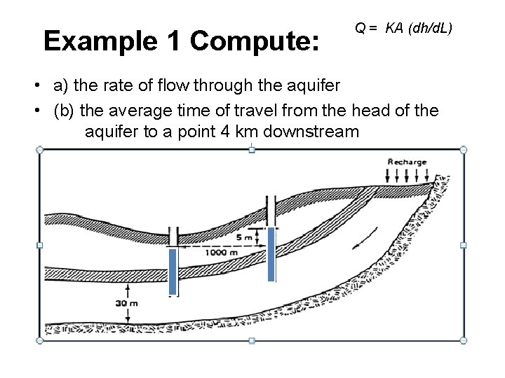 Example 1 Compute: Q = KA (dh/d. L) • a) the rate of flow
