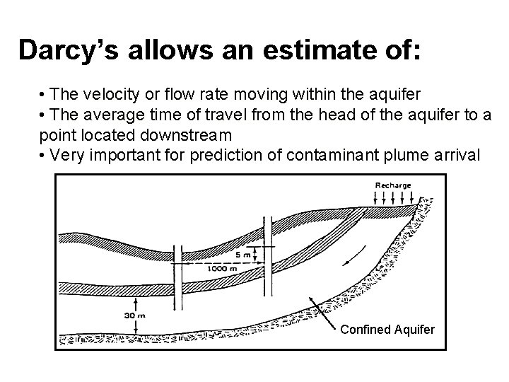 Darcy’s allows an estimate of: • The velocity or flow rate moving within the