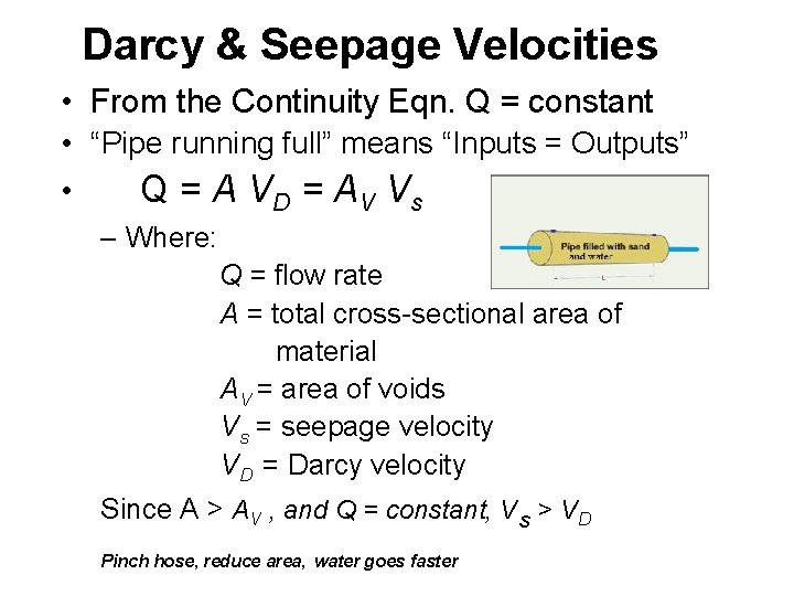 Darcy & Seepage Velocities • From the Continuity Eqn. Q = constant • “Pipe