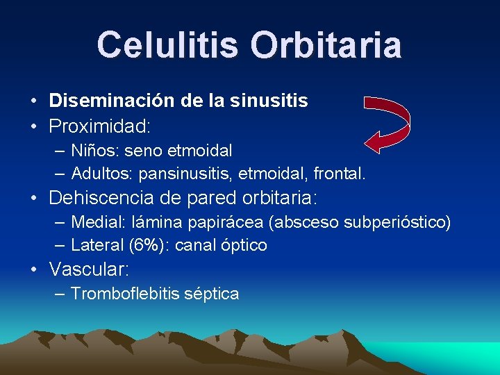 Celulitis Orbitaria • Diseminación de la sinusitis • Proximidad: – Niños: seno etmoidal – Celulitis Orbitaria • Diseminación de la sinusitis • Proximidad: – Niños: seno etmoidal –