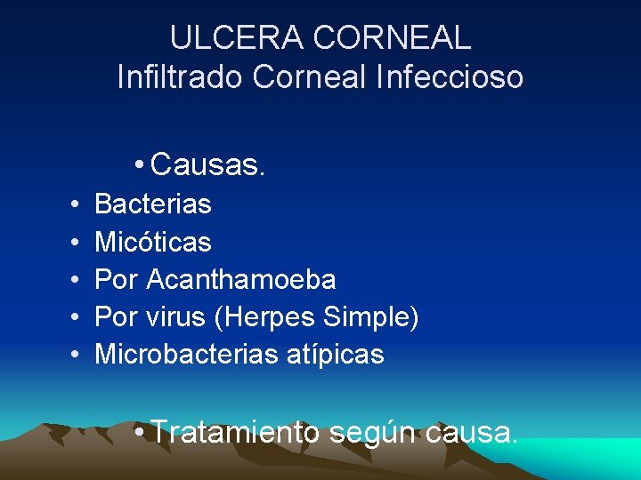 ULCERA CORNEAL Infiltrado Corneal Infeccioso • Causas. • • • Bacterias Micóticas Por Acanthamoeba ULCERA CORNEAL Infiltrado Corneal Infeccioso • Causas. • • • Bacterias Micóticas Por Acanthamoeba