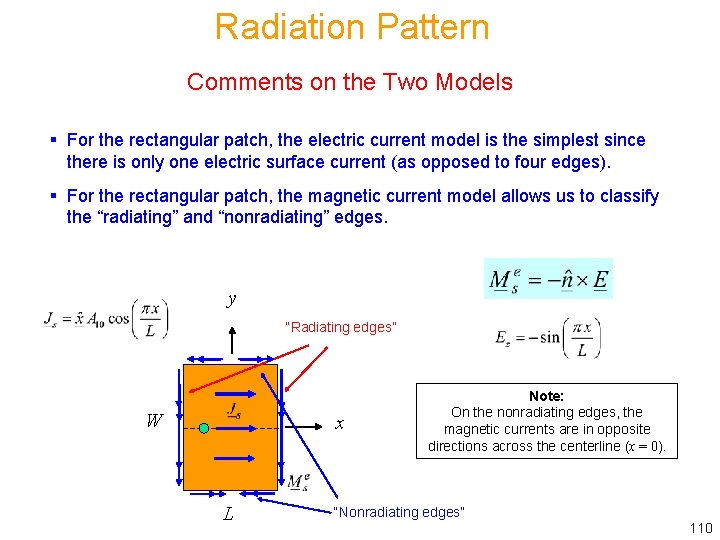 Radiation Pattern Comments on the Two Models § For the rectangular patch, the electric
