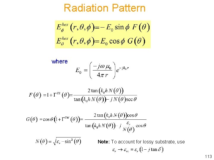 Radiation Pattern where Note: To account for lossy substrate, use 113 