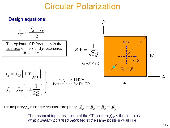 Circular Polarization Design equations: y (0, 1) The optimum CP frequency is the average