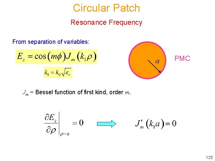 Circular Patch Resonance Frequency From separation of variables: a PMC Jm = Bessel function