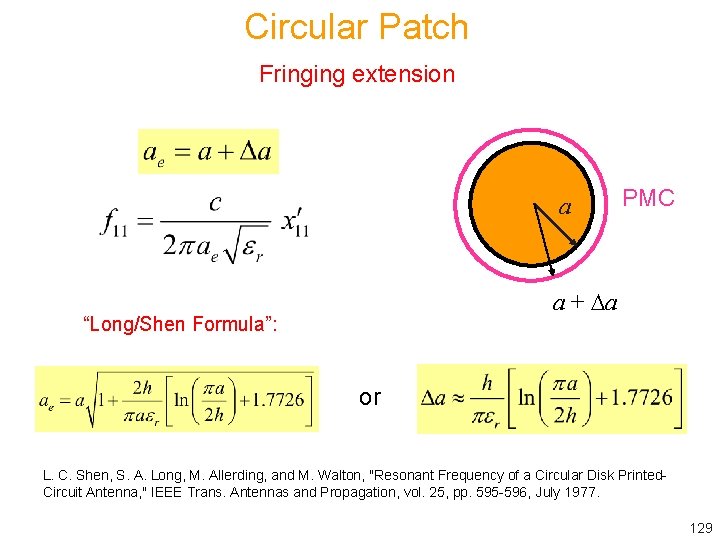 Circular Patch Fringing extension a PMC a + a “Long/Shen Formula”: or L. C.