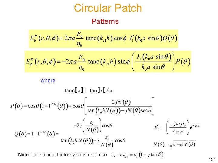 Circular Patch Patterns where Note: To account for lossy substrate, use 131 