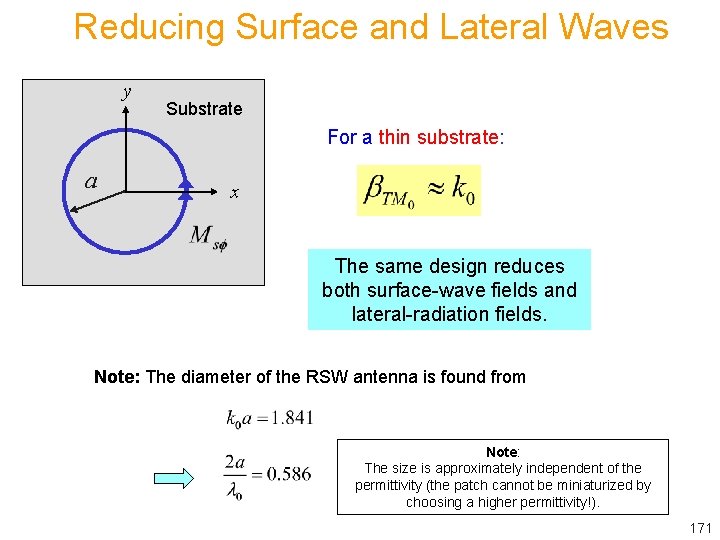 Reducing Surface and Lateral Waves y Substrate For a thin substrate: a x The