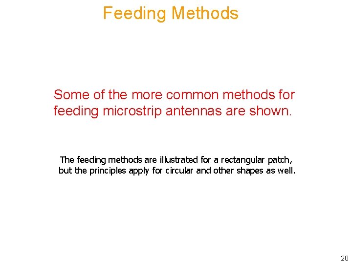Feeding Methods Some of the more common methods for feeding microstrip antennas are shown.