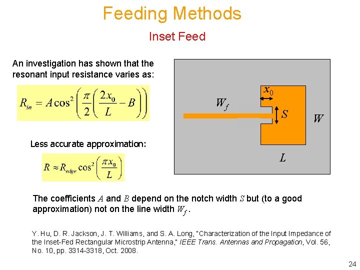 Feeding Methods Inset Feed An investigation has shown that the resonant input resistance varies