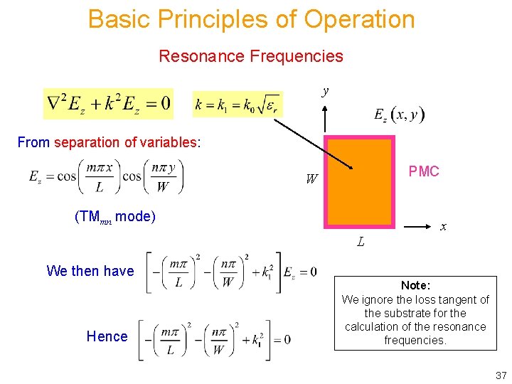 Basic Principles of Operation Resonance Frequencies y From separation of variables: PMC W (TMmn