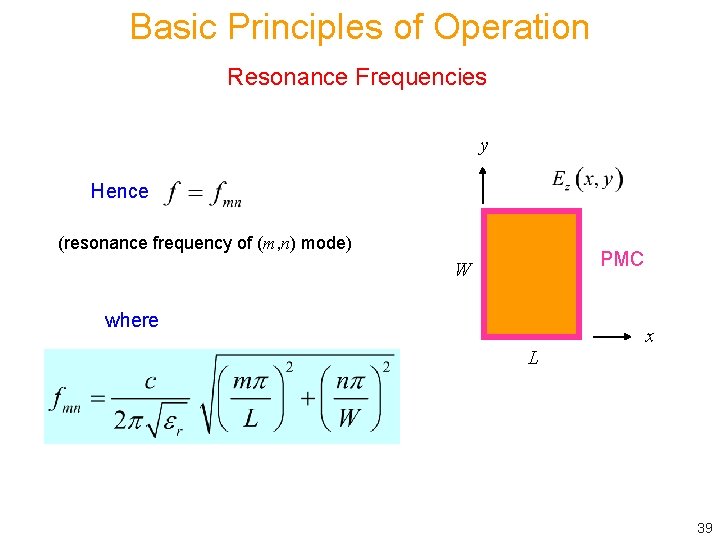 Basic Principles of Operation Resonance Frequencies y Hence (resonance frequency of (m, n) mode)
