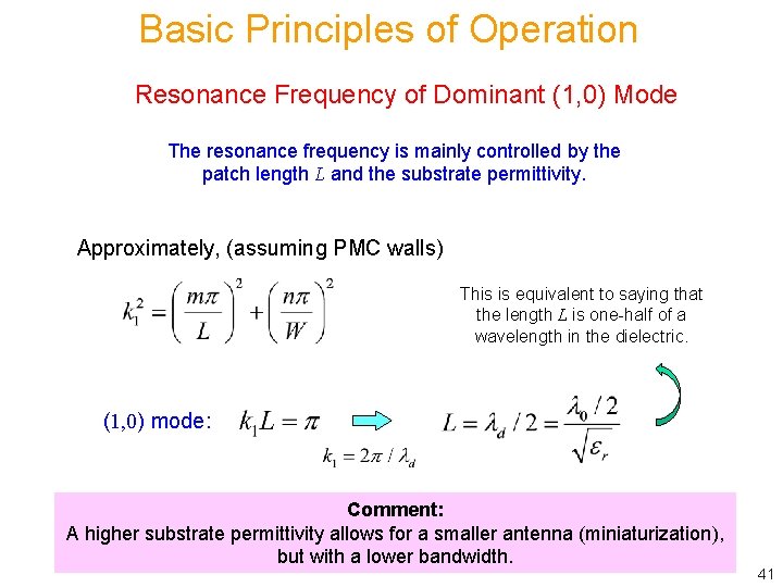 Basic Principles of Operation Resonance Frequency of Dominant (1, 0) Mode The resonance frequency