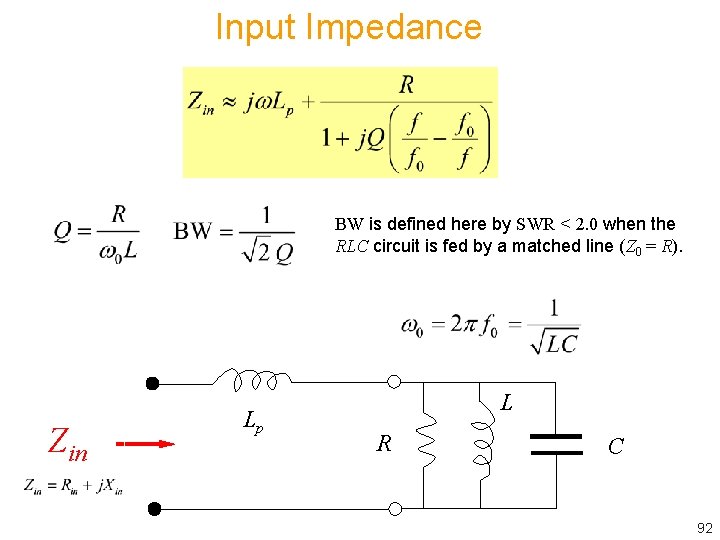 Input Impedance BW is defined here by SWR < 2. 0 when the RLC