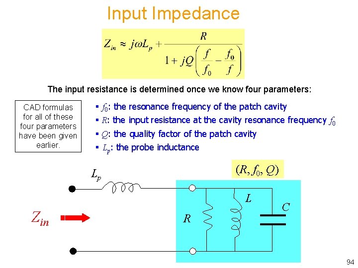 Input Impedance The input resistance is determined once we know four parameters: CAD formulas