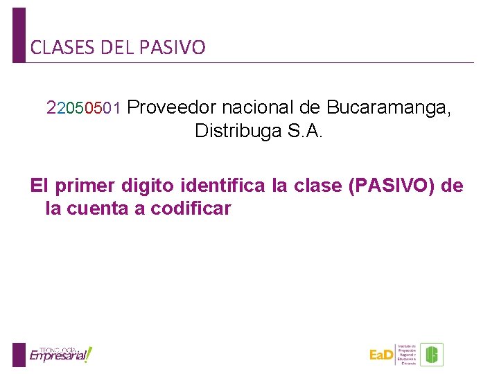 CLASES DEL PASIVO 22050501 Proveedor nacional de Bucaramanga, Distribuga S. A. El primer digito