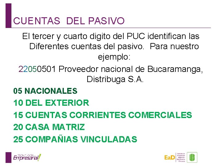 CUENTAS DEL PASIVO El tercer y cuarto digito del PUC identifican las Diferentes cuentas