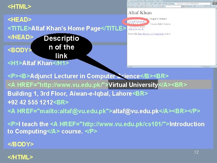 <HTML> <HEAD> <TITLE>Altaf Khan's Home Page</TITLE> </HEAD> Descriptio <BODY> n of the link <H